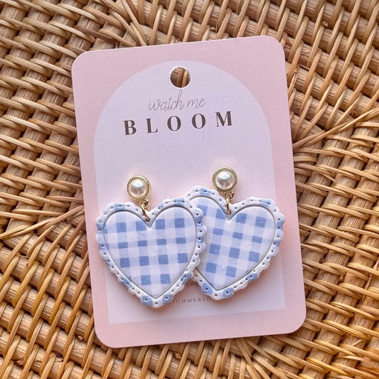 Blue Gingham Ruffle Hearts | Polymer Clay Earrings