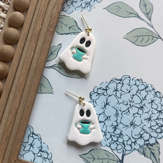 Ghosts Holding Coffee Cup | Polymer Clay Earrings